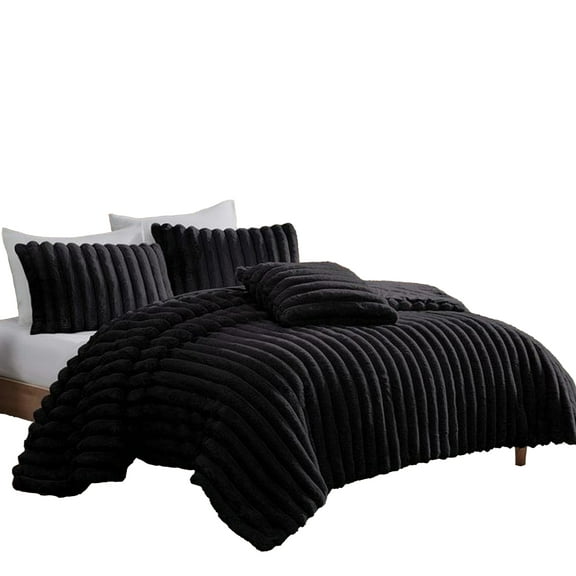Sieno 3pc Twin XL Comforter Set, Shams, Black Faux Fur Micro Mink Back