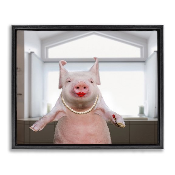 Stupell Industries Eclectic Glam Pig in Lipstick Black Floating Frame Canvas Art, 31 x 25, by Lund Roeser