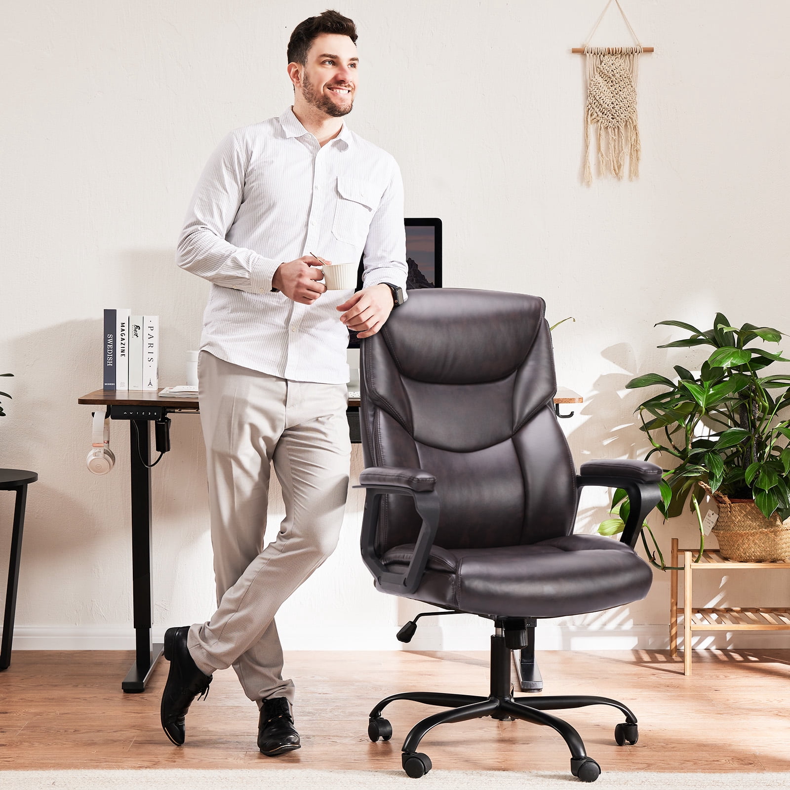 MCQ Home Ergonomic Office Chair, Heavy Duty Task Chairs with Wheels, Flip-up Arms, Adjustable Height, PU Leather, Brown