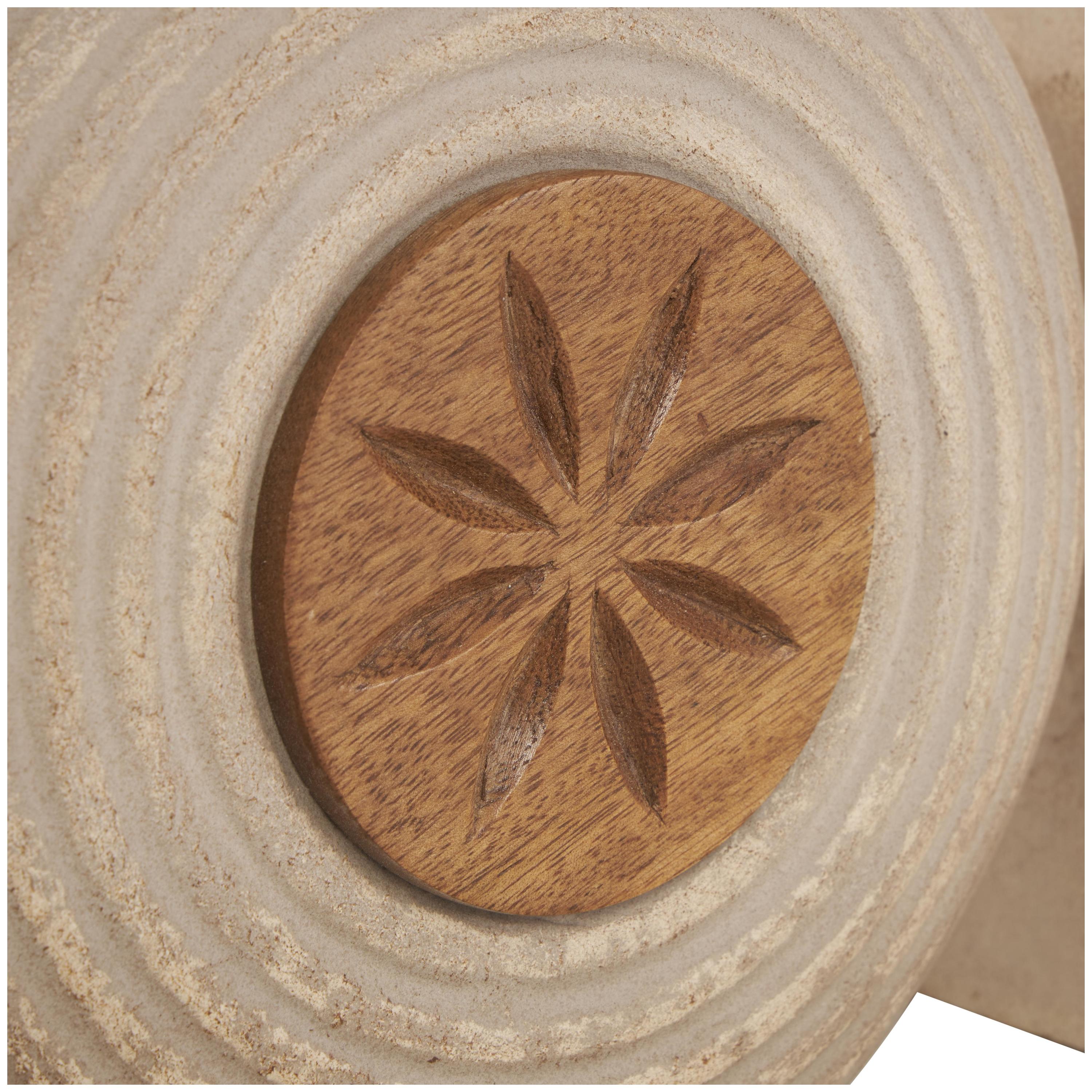 DecMode 6"W, 11"H Brown Paper Mache Floral Decorative Jars with Varying Shapes and Carved Wood Etchings, 3-Pieces