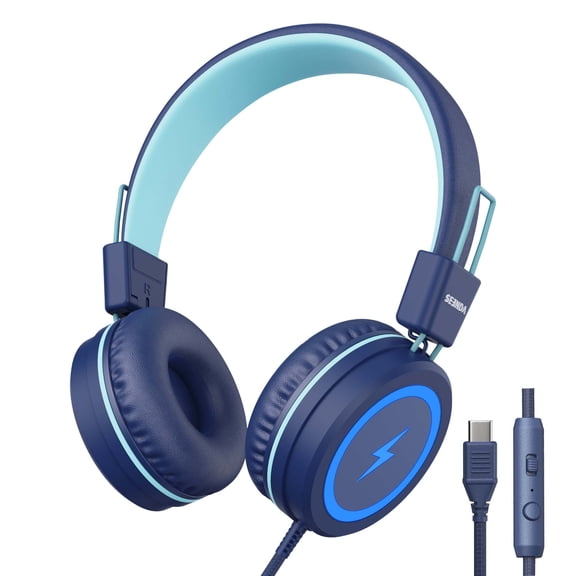 Seenda Wired Kids Headphones with LED Lights, Microphone and Upgraded Type-C Connection, 85/94dB Safe Volume, On-Ear Headphones for Boys/Girls/School Supplies/Tablet, Blue, New