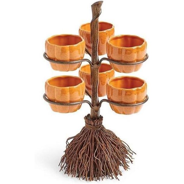 1 pieza de cuencos creativos de resina de Halloween con forma de calabaza en una escoba para servir ensalada de frutas, bocadillos, suministros para fiestas de Halloween y decoraciones (3