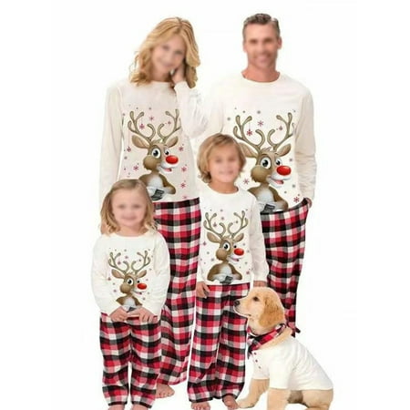 

MAWCLOS Mommy Dad Child Crew Neck Matching Family Pajamas Set Soft Christmas Nightwear Elk Print Loungewear Holiday Sleepwear PJ Sets Beige Dad XXL