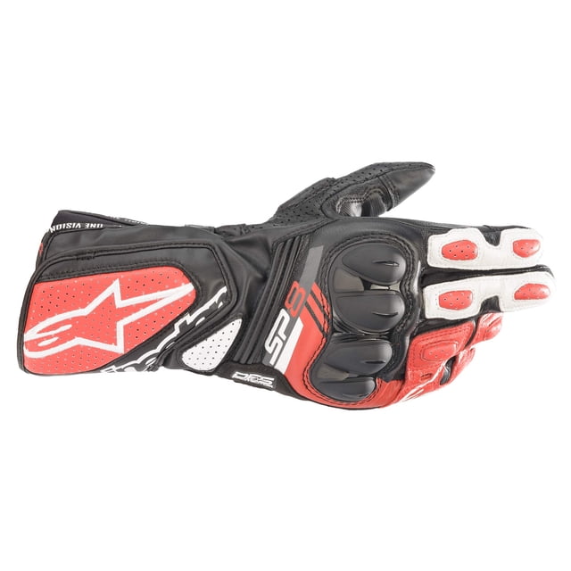 guantes deportivos alpinestars sp-8 v3 negro blanco rojo xl guante derecho en vista lateral con cierre largo de muñeca; protector rígido en nudillos negro, paneles perforados y logo Alpinestars blanco sobre panel rojo, detalles blancos y rojos, adecuado para protección y uso en pista.