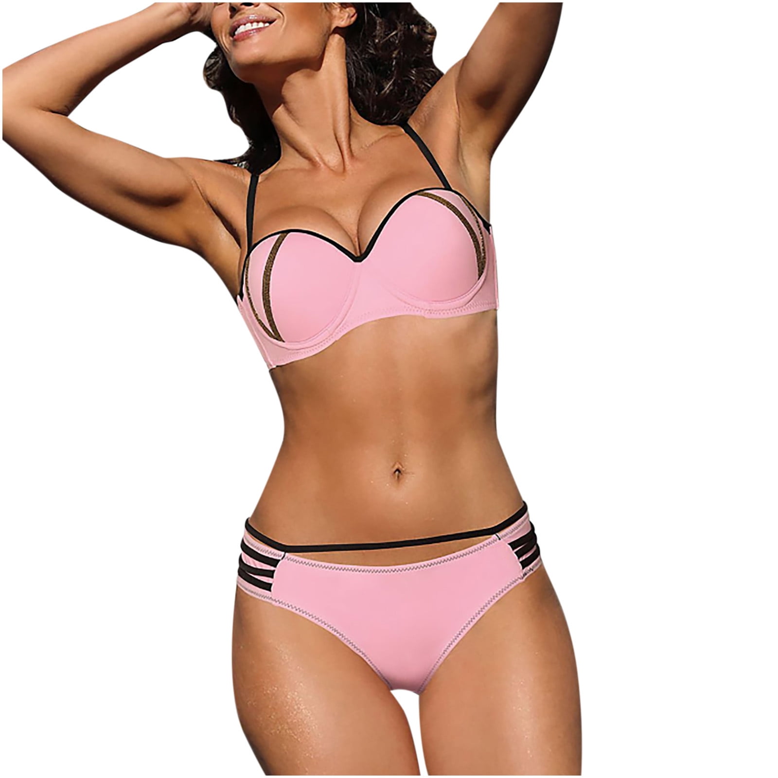 VKEKIEO Two-Piece Sets Swimsuit Sport Bra Style Back-Smoothing Hot Pink XL