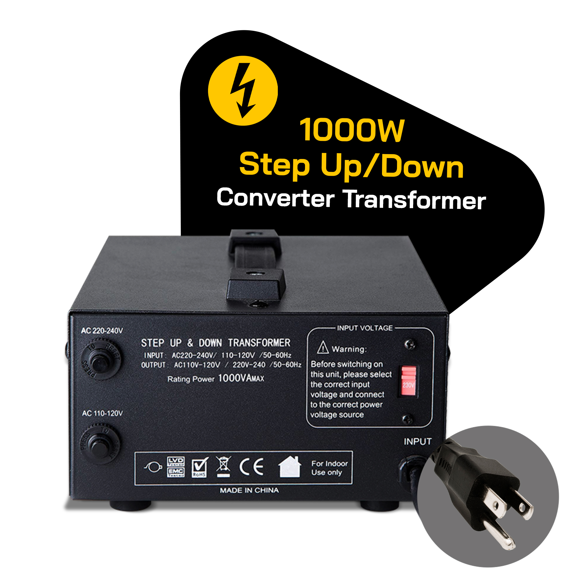 T-1000 1000-Watt Voltage Converter Transformer Step Up/Down 110V/220V Circuit  Breaker Protection