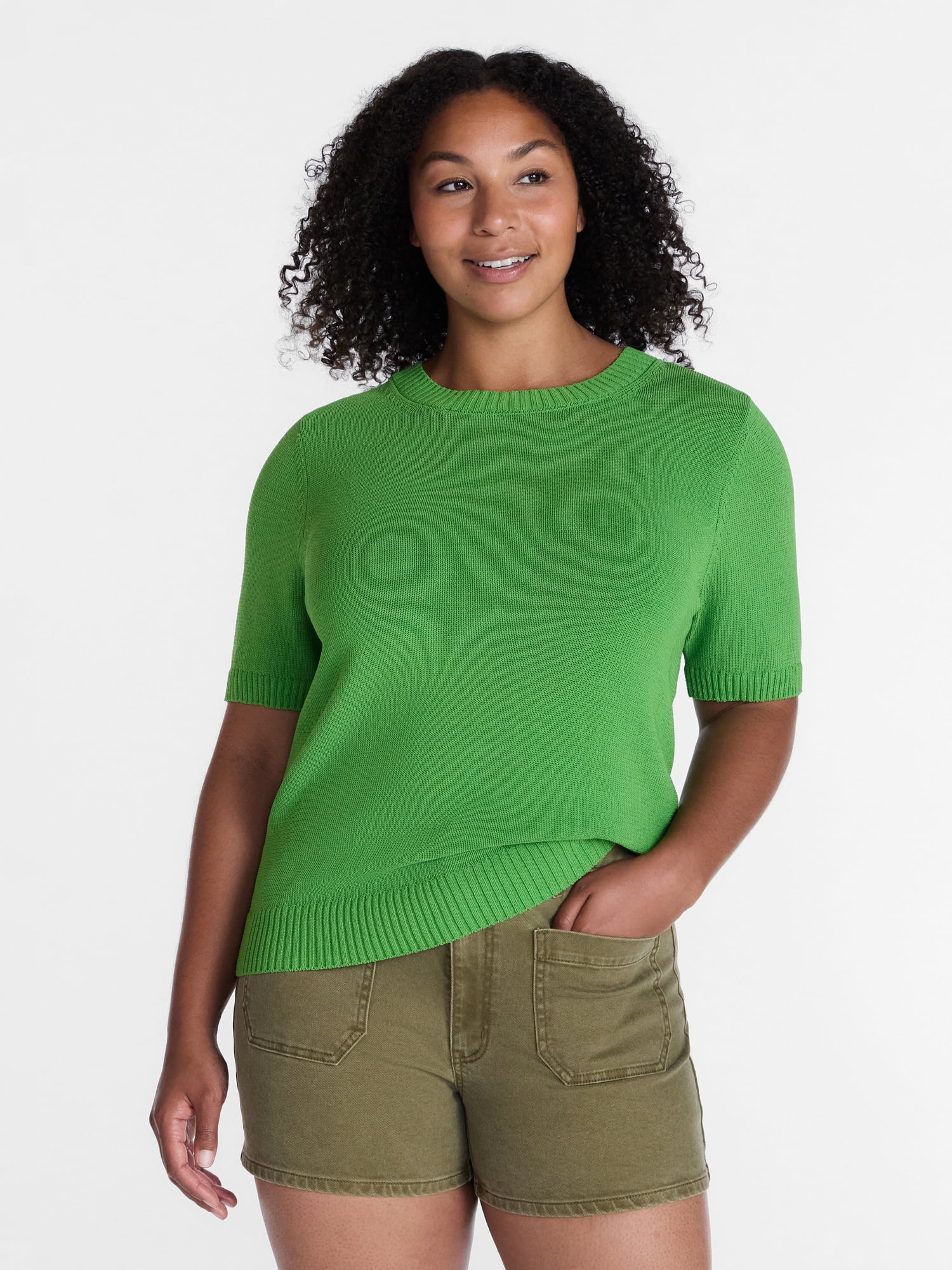 Time and Tru Women's Crewneck Sweater with Short Sleeves, Lightweight, Sizes XS-XXXL