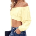 thumbnail image 3 of Lantern Sleeve Woman Off Shoulder Ruched Tie Back Crop Top Summer Boho Shirt Blouse, 3 of 4