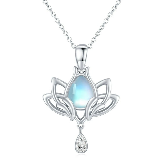 Cuoka Lotus Pendant Necklace 925 Sterling Silver Moonstone Necklaces for Women Mom Wife 18K White Gold Plated Moonstone Jewelry Birthday Christmas Gifts