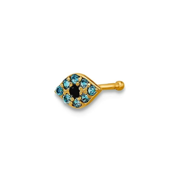 14k Solid Yellow Gold 20 Gauge Polished Blue Cubic Zirconia Evil Eye Nose Stud 8.3mm Long Body Piercing Stud for Women
