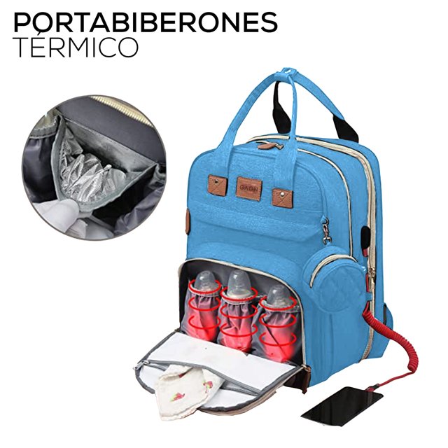 Pañalera Tipo Mochila Multifuncional Cuna Cambiador Plegable Azul Claro Gaon Mammy Backpack