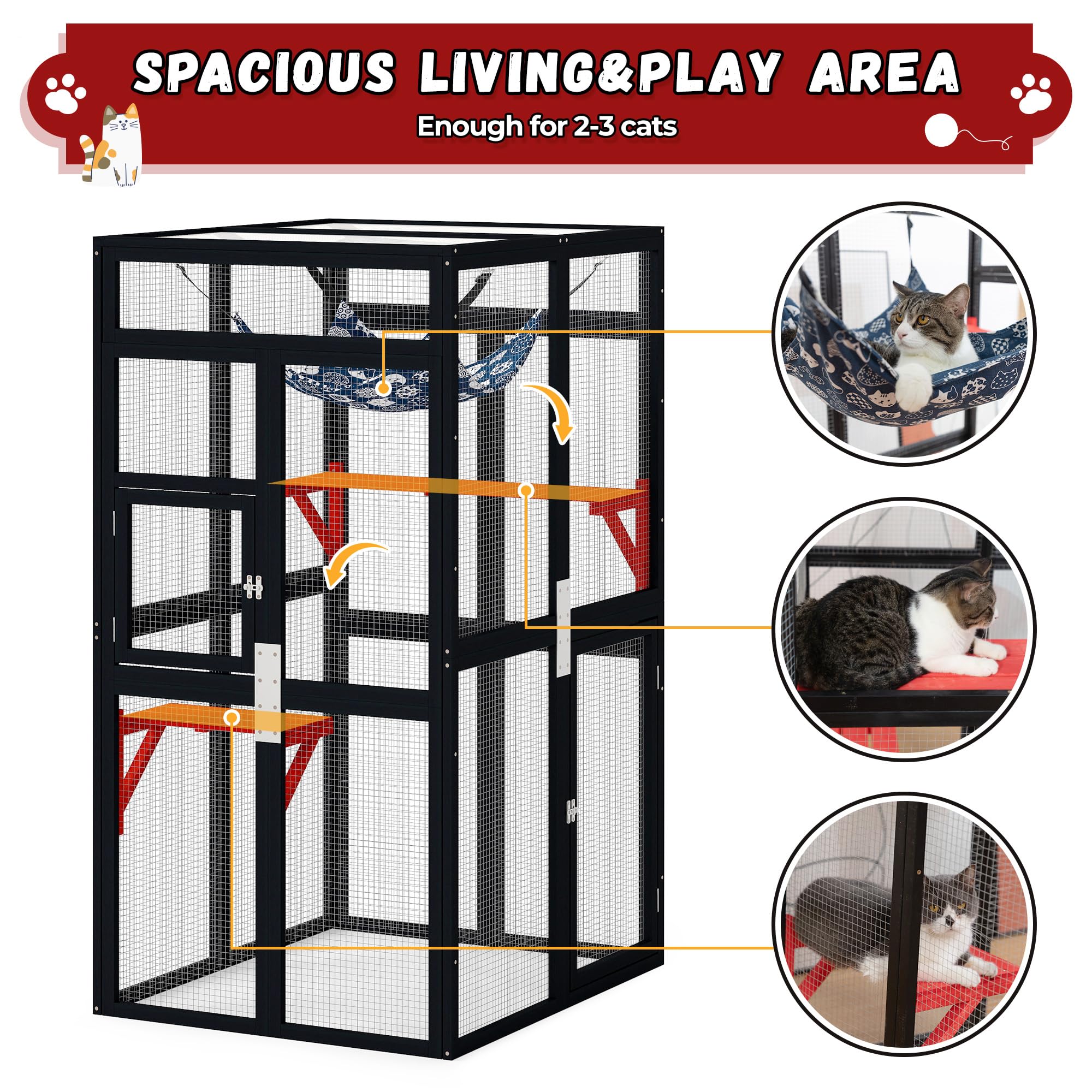 Outdoor cat enclosure, wooden cat house with patio walk-in window, indoor kitten house