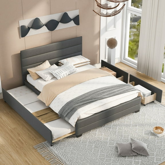 EUROCO Queen Size Upholstery Platform Bed with Storage Trundle and Two Drawers, Gray