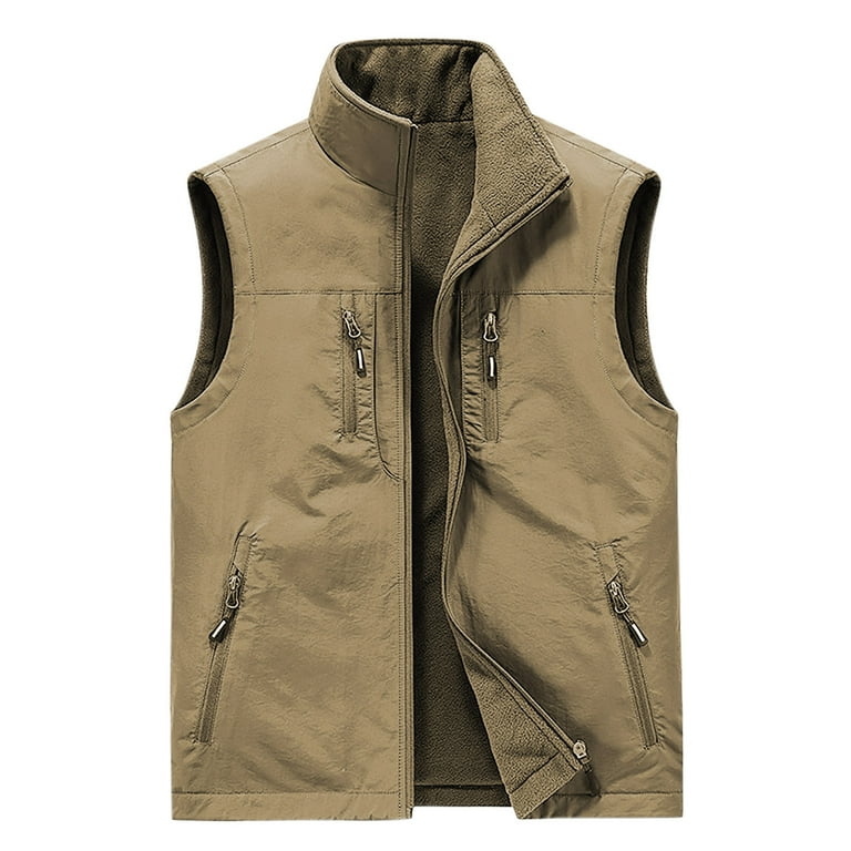 JUUYY Men s Fleece Vests Winter Warm Vest Size Sleeveless Jacket Casual Solid Color Big and Tall Coat with Pockets Khaki XXXL Walmart