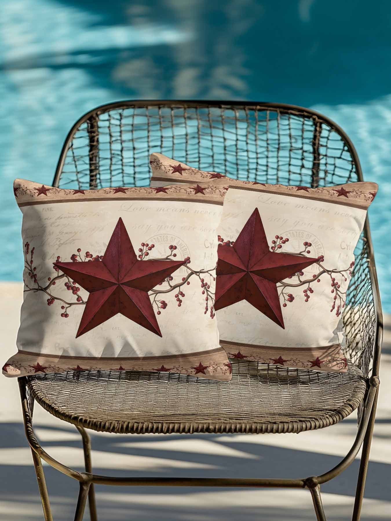 Outdoor Pillows Waterproof, Red Texas Star Rustic Bedding Throw Pillows with Insert for Couch Sofa Bed, Farmhouse Berry Brown Wooden 18x18 Inch Pillowcases Decorative Camping Patio Pillow Set of 2