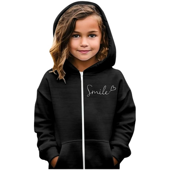 WOYY Girls Zip Up Hoodie Cute Heart Print Fleece Soft Hooded Sweatshirt Jacket, Black, Sizes 3-12