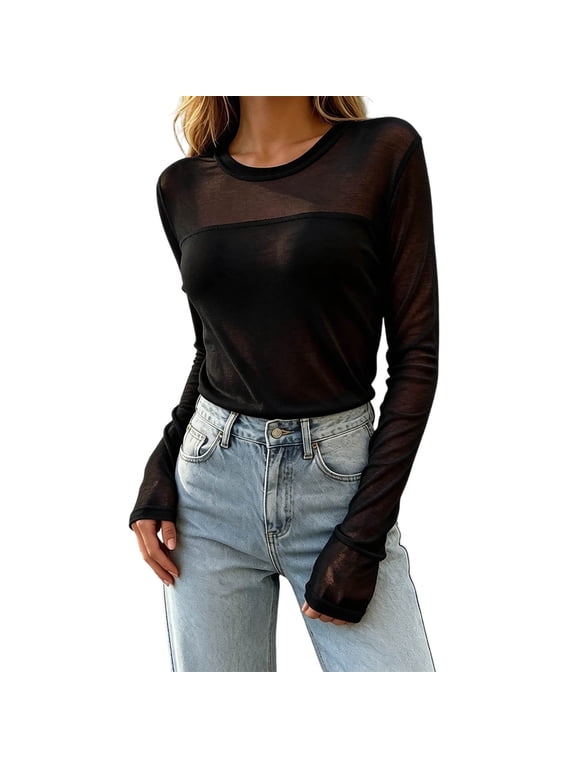 Piebxs Women's Fashion Mesh Base Layering Top Slim Fit Casual Tee with Sheer Mesh Detail, Soft Stretchy See Through Underlayer Shirt, Versatile Everyday Top for Office Night