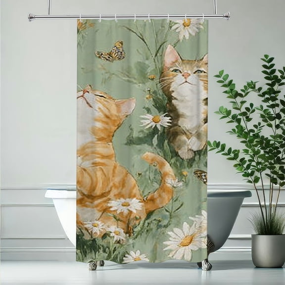 RKSupls Christmas Shower Curtain, Orange Tabby Cat Shower Curtain with Hooks for Christmas Home Bathroom Decor Washable Curtains, 36x72 in