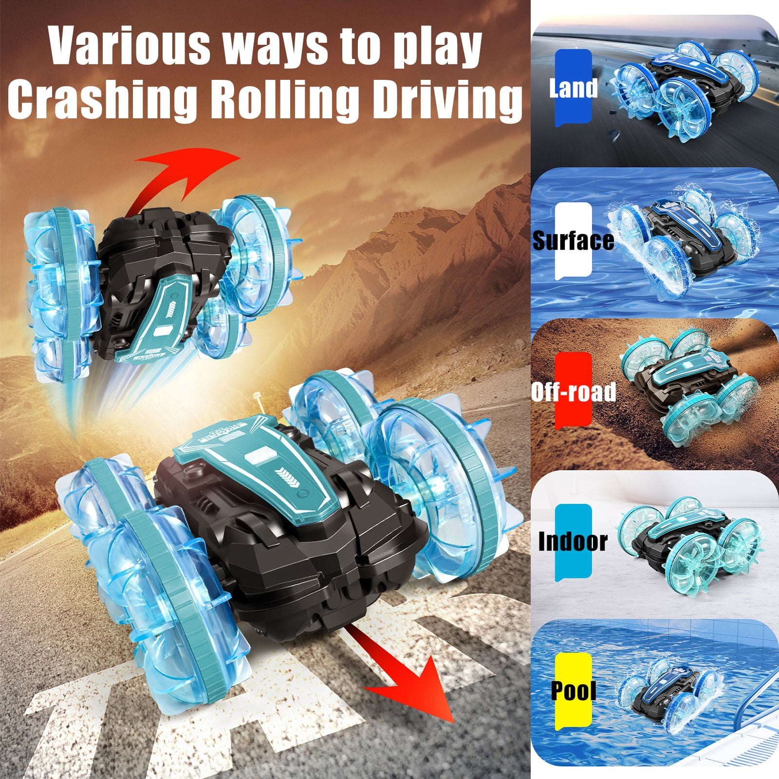 Amphibious Remote Control Car Double Sided Stunt Vehicle 360° Rotation Water Land All Terrain Toy with Gesture Control for 6-8 Years