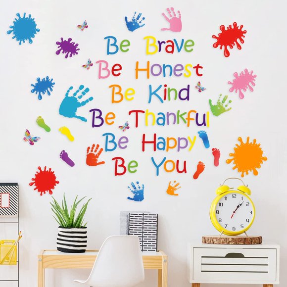 Paint Splatter Decorations Handprint Wall Stickers with Inspirational Quotes Be Brave Honest Kind Thankful Happy Wall Decals for Kids Room Infant Daycare Classroom Wall Decor