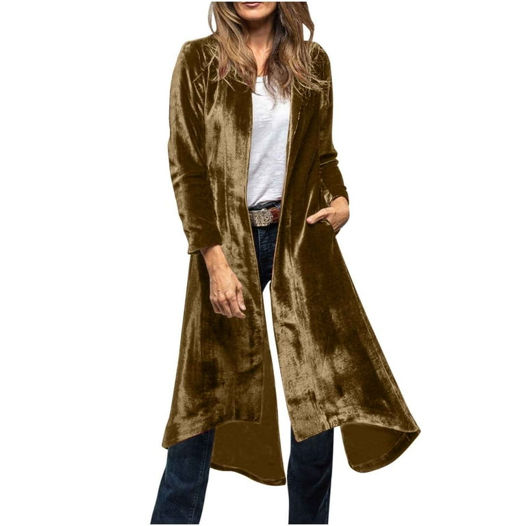 lcziwo Women's Velvet Open Front Long Trench Coat Back High