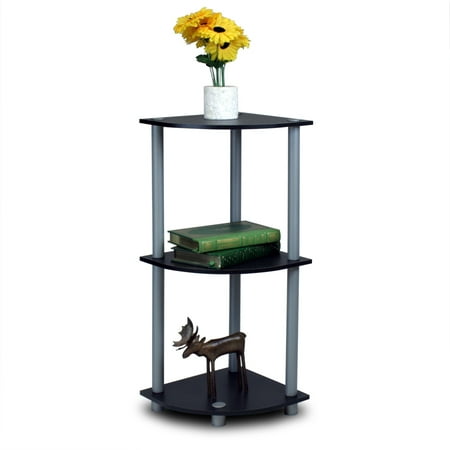 Slotted Display Shelf - Furinno Turn-N-Tube 3-Tier Corner Display Rack Multipurpose Shelving Unit, Black/Grey