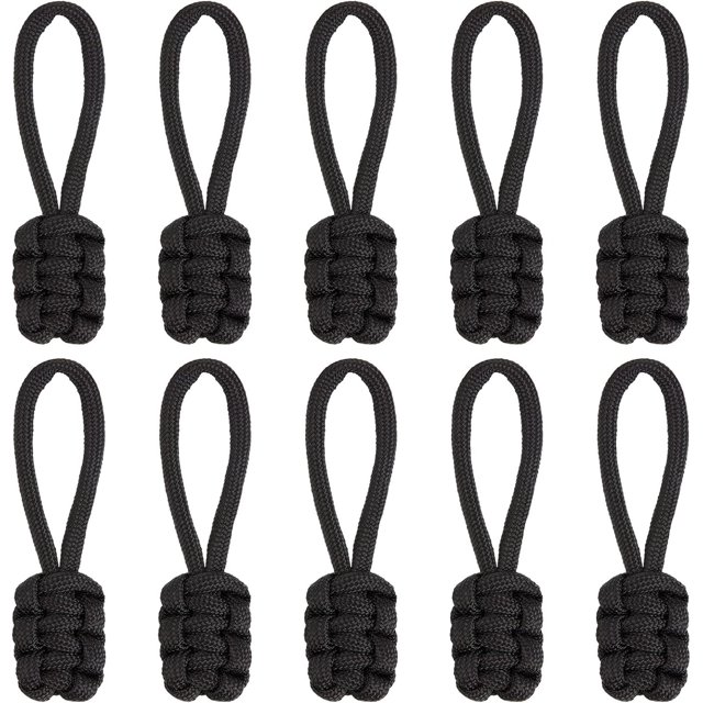 Queilt 10PCS Zipper Pulls Replacement Universal Nylon Zipper Repair Kit Zipper Slider Pull Tab Zipper Fixer Metal Zipper Head Hand Woven Pull Rope Zipper Handle Cord Pull Tab for Bags, Black