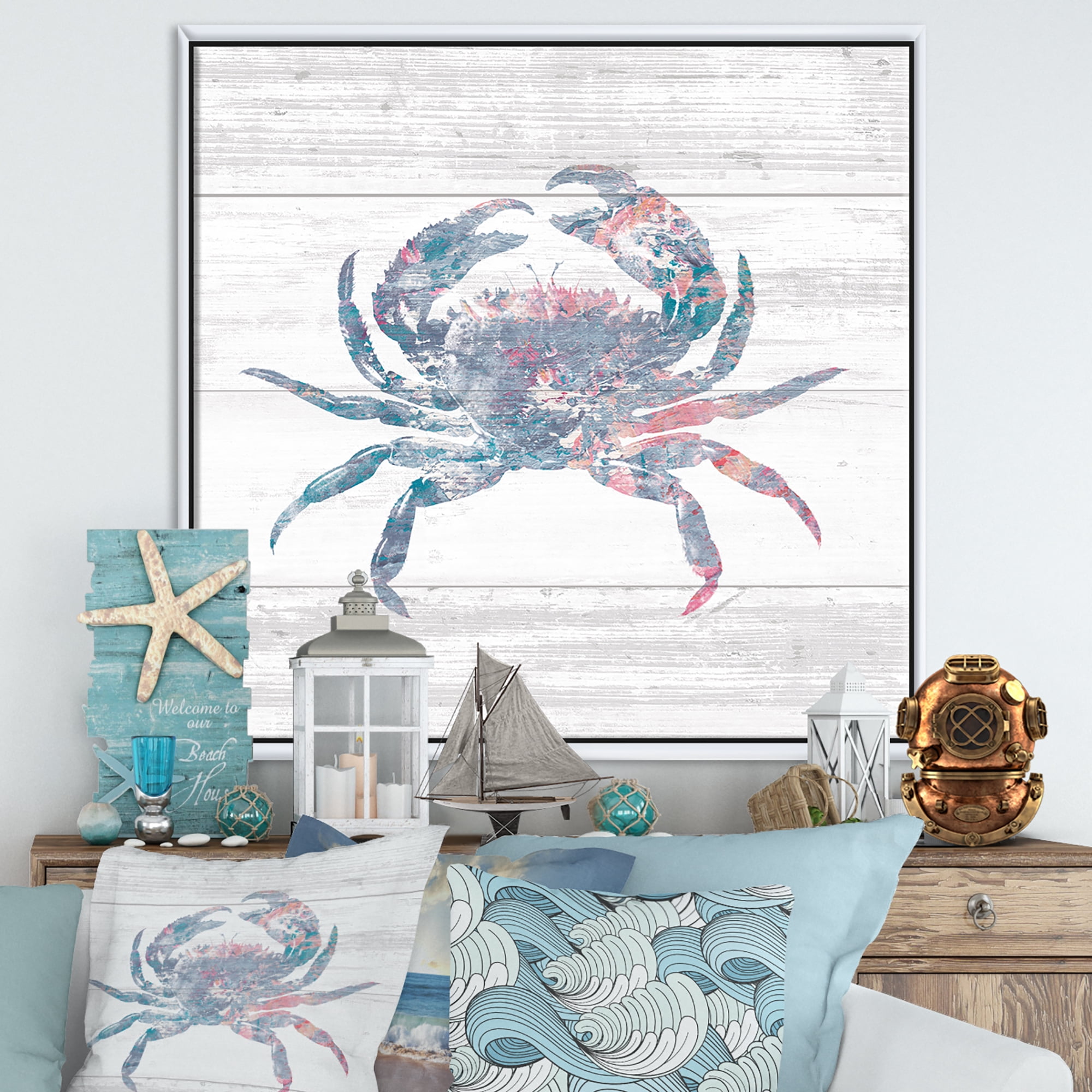 Designart ' Pink Crab Ocean Life ' Nautical & Coastal Framed Canvas