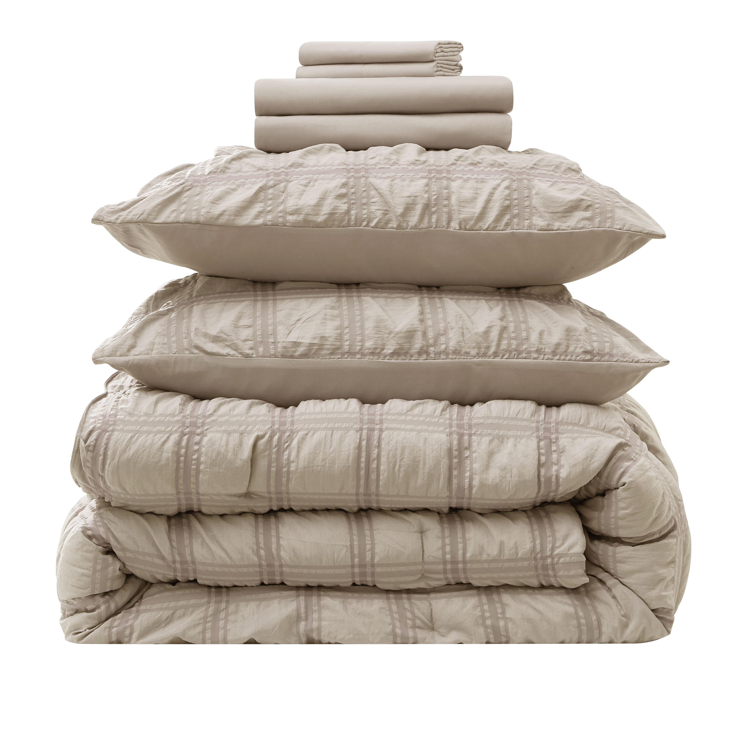 LammaLoe King Size Comforter Sets, 7 Piece Seersucker Bed in a Bag, Bedding Comforter Set with Sheets, Modern Bed Set, Oatmeal