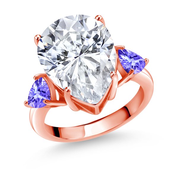 Gem Stone King 18K Rose Gold Plated Silver Blue Tanzanite Ring Set with Moissanite (9.97 Cttw) (Size 7)
