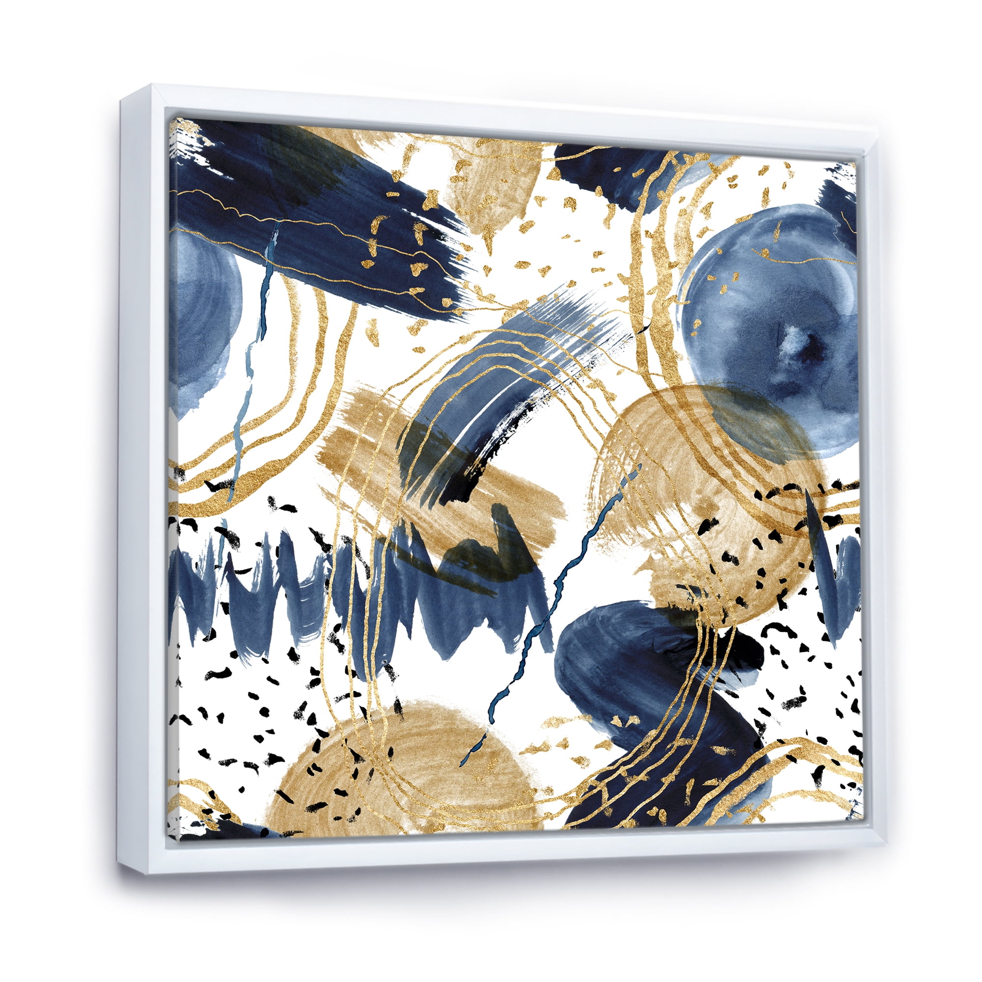 Dark Blue & Golden Textures With Abstract Pattern 16 in x 16 in Framed Painting Canvas Art Print, by Designart