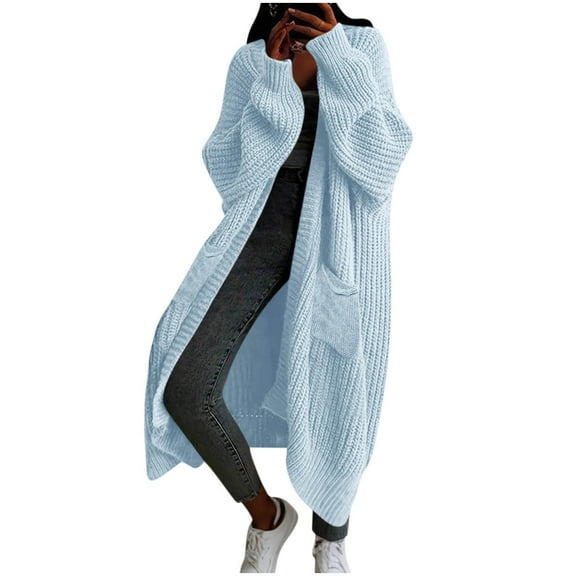 Women's Long Cardigan Sweater Cable Knit Long Sleeve Coat with Pockets Navy S