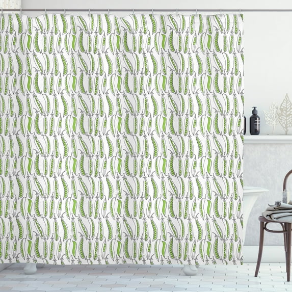 Vegetables Shower Curtain, Green Pea Pattern Cuisine Cook Chef Kitchen Healthy Life Legume Fresh Food, Fabric Bathroom Set with Hooks, 69W X 75L Inches Long, Lime Green White, by Ambesonne