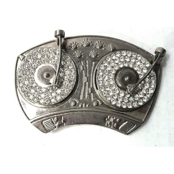 Turntables DJ Belt Buckle Blinged Silver Chrome Rhinestones New Unisex Hip Hop