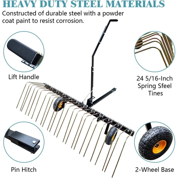 OUYAWEI 60-Inch Tow Behind Dethatcher with 24 Steel Tines Lawn Tractor Attachment for Thatch Removal Leaf & Needle Collection Black