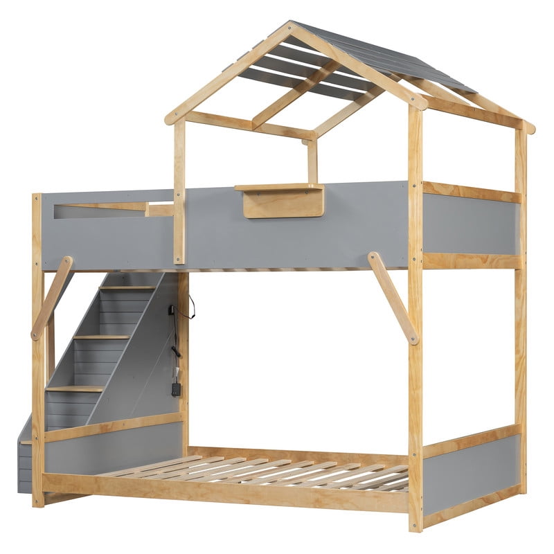 Full Over Full House Bunk Bed with Stairs, 3-Color LED Lights, Built-in Storage Panel, Wood House Bunk Bed Frame for Kids Teens, No Box Spring Needed