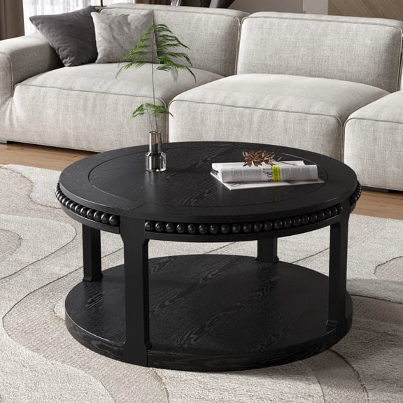 31.5" Solid Wood Round Coffee Table - Black | 2-Tier Rustic Farmhouse Living Room Furniture with Open Storage Shelf | Sturdy Lacquered MDF & Wood | Modern Home Decor Accent Table