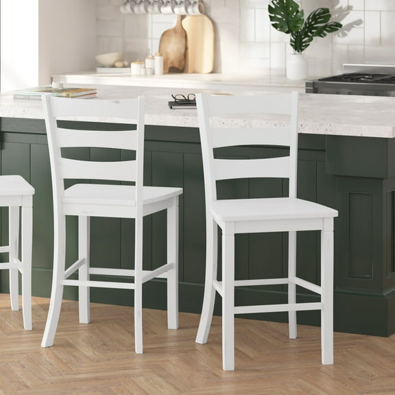 Merrick Lane Set of Two Classic Wooden Ladderback Counter Height Barstools with Solid Wood Seats in Antique White Wash