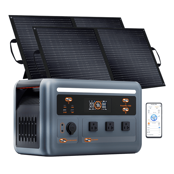 OSCAL 1800W Solar Generator with 2x100W Solar Panels, PowerMax 1800SE 1024Wh LiFePO4 Battery, 3 AC Outlets (3600W Surge), 800W Fast Charging, APP Control for Home Backup, Camping, RV