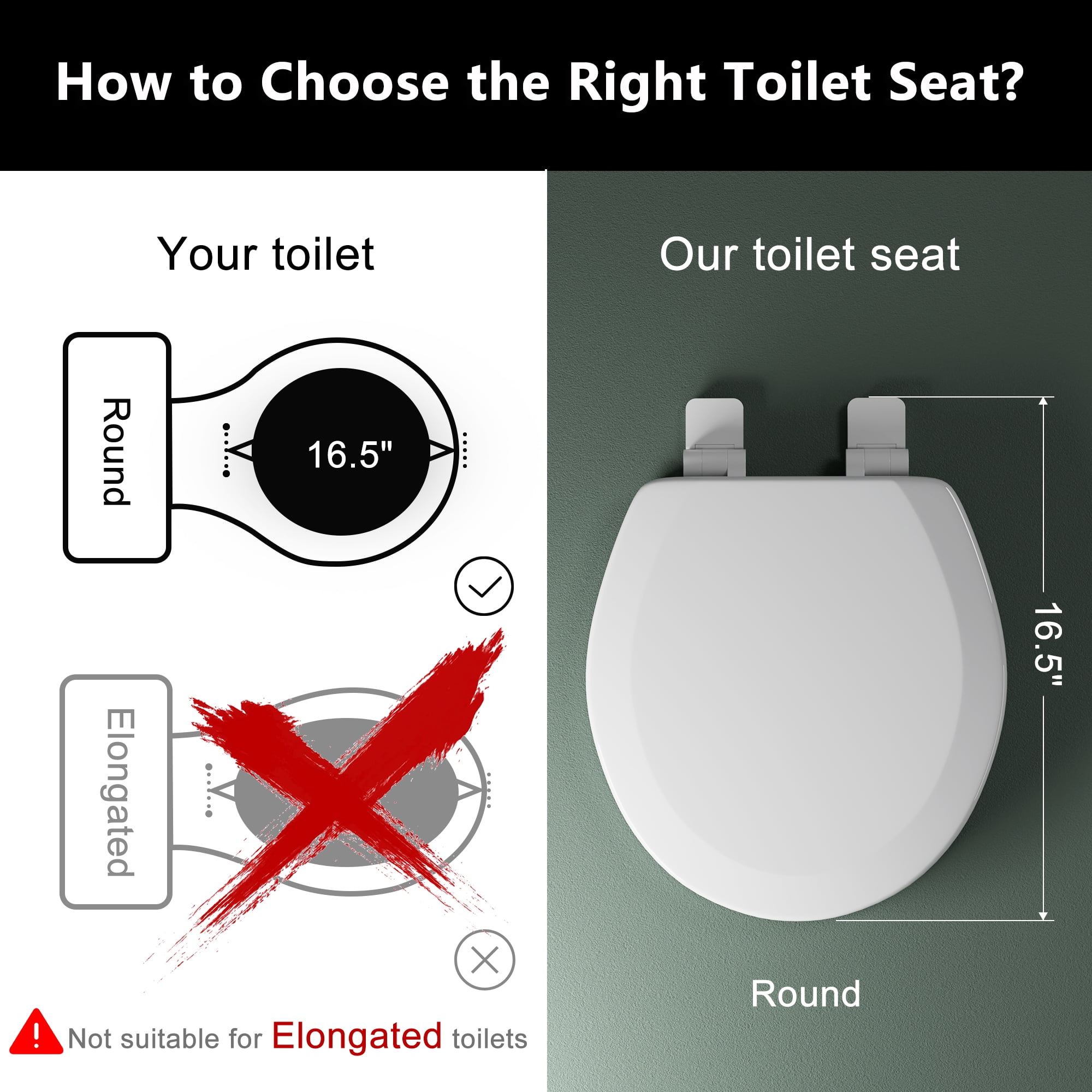 Angol Shiold Wood Toilet Seat with Non-Slip Adjustable Hinges, Quiet-Close ( White, Round 16.5'' )
