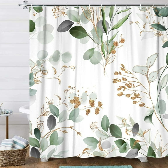 Sage Green Spring Leaves Shower Curtain, Modern Plants Botanical Fabric Cloth Shower Curtains for Elegant Bathroom Decor, Watercolor Eucalyptus Leaf Shower Curtain,36X72