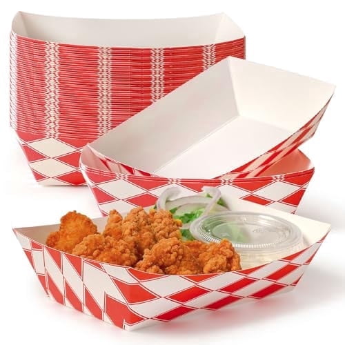Fit Meal Prep 1000 Pack 2 lb Paper Food Boats Heavy Duty Disposable Trays, Red Check For Parties Fairs Picnics Carnivals, Holds Ketchup Cheese Sauce Pickles Grease Resistant