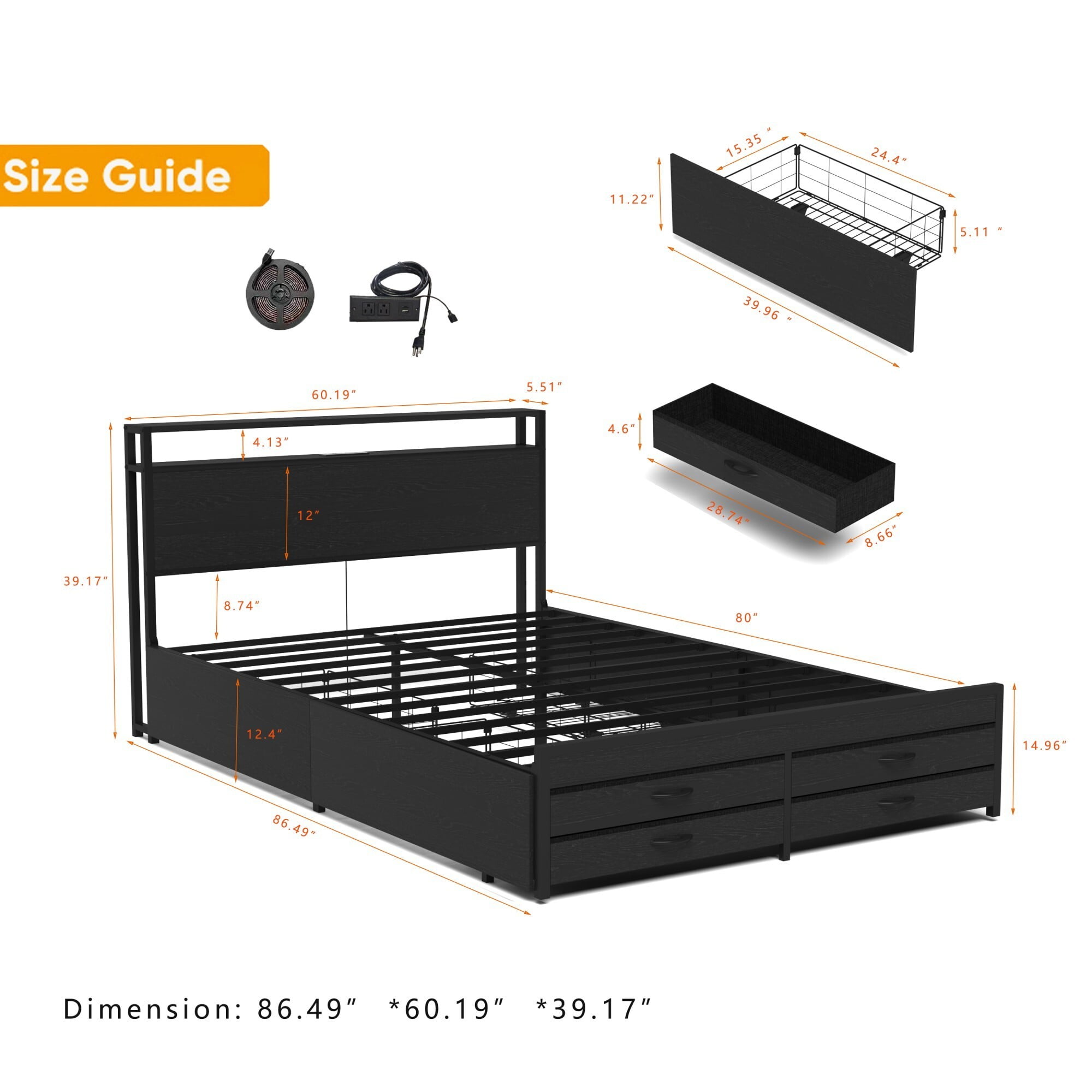 AENKYO Queen Size Bed Frame with 8 Storage Drawers, Headboard with Charging Station and LED Lights, Black