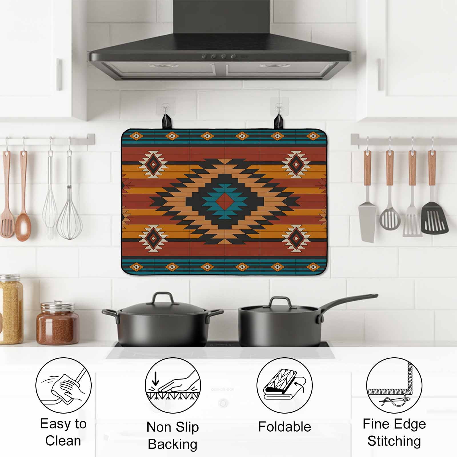 Aztec Southwest Stove Top Cover for Electric Stove, Heat-proof & Non Slip Glass Top Stove Cover Protector, Vintage Geometric Farmhouse Art Kitchen Flat Cooktop Rubber Mat 24x21 Inches