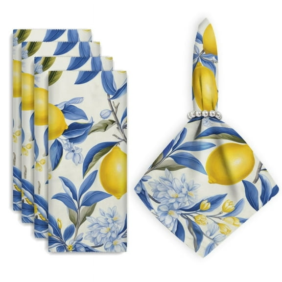 Bahomeck Cloth Napkins Set Of 4,18*18 Inch Washable Polyester Napkins Dining Table Napkins Weddings Party Dinner Parties(Lemon Tree With Lemons And Blue Flowers On White Background)