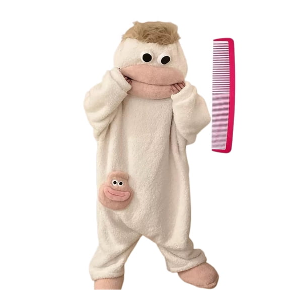 AHMOMEI Big Mouth Monster Onesie Pajamas for Adult Teen Funny Silly Wearable Onesie Plush Sleepwear Beige M (with Comb)