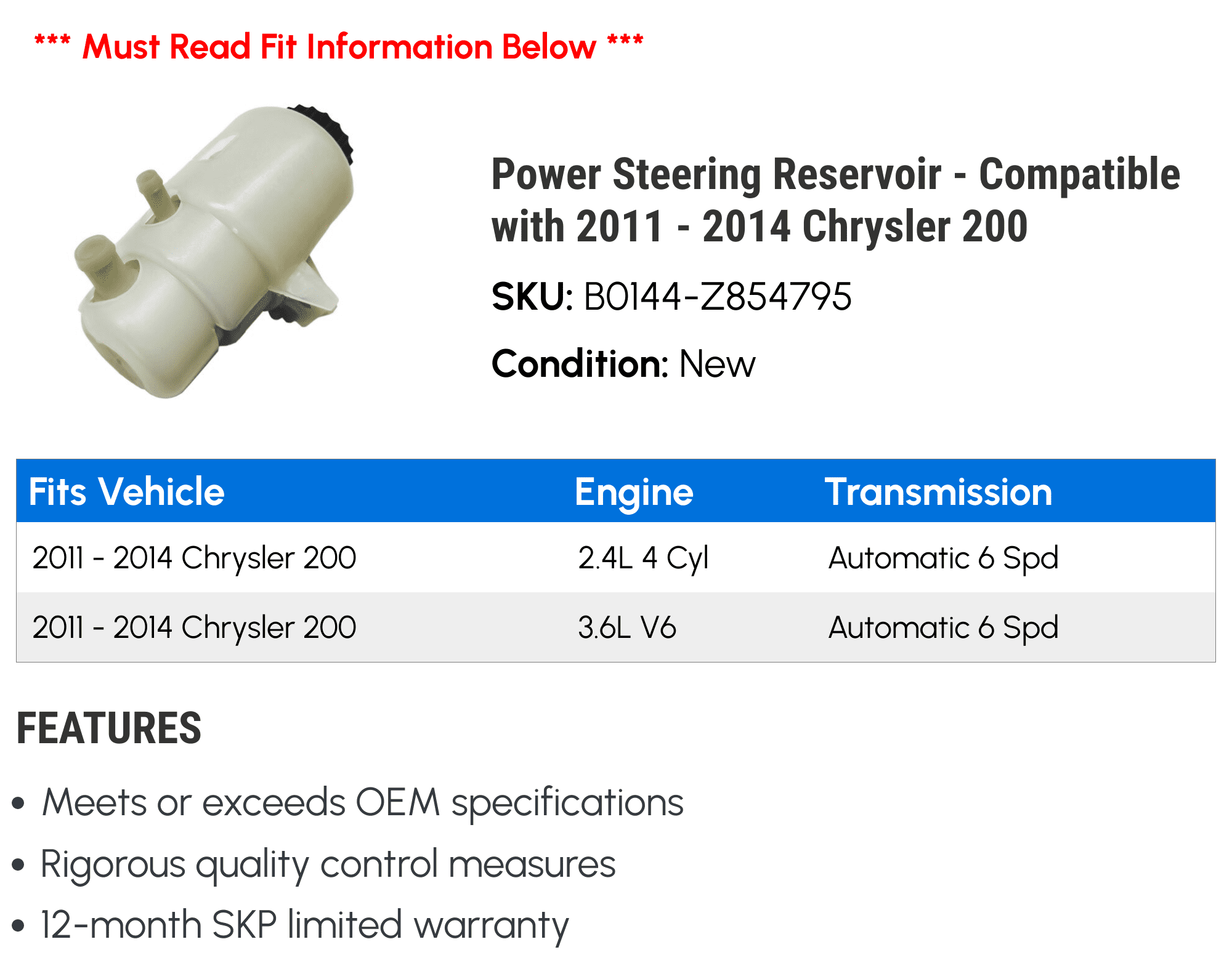 Power Steering Reservoir - Compatible with 2011 - 2014 Chrysler 200 2012 2013