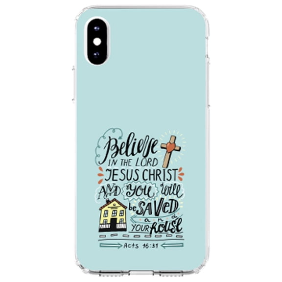 DistinctInk Clear Shockproof Hybrid Case for iPhone X / XS (5.8" Screen) - TPU Bumper, Acrylic Back, Tempered Glass Screen Protector - Acts 16:31 - Believe in the Lord Jesus Christ