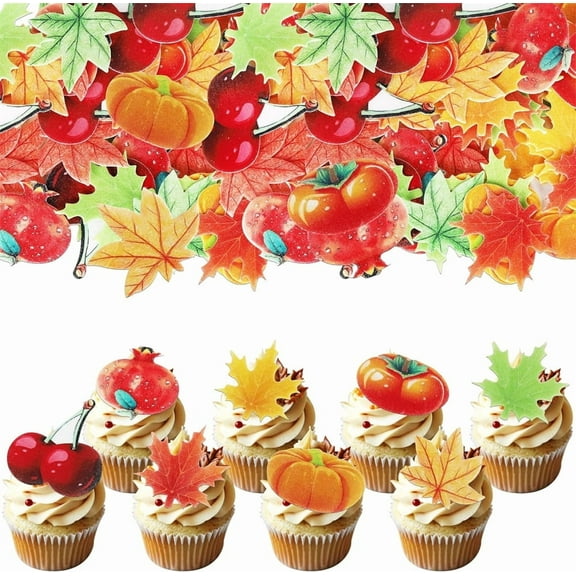 Triani 74Pcs Edible Fall Leaves Cupcake Toppers Wafer Paper Autumn Edible Cake Decors for Baking Food Thanksgiving Party Supplies Leaves Cake Drink Topper Picks