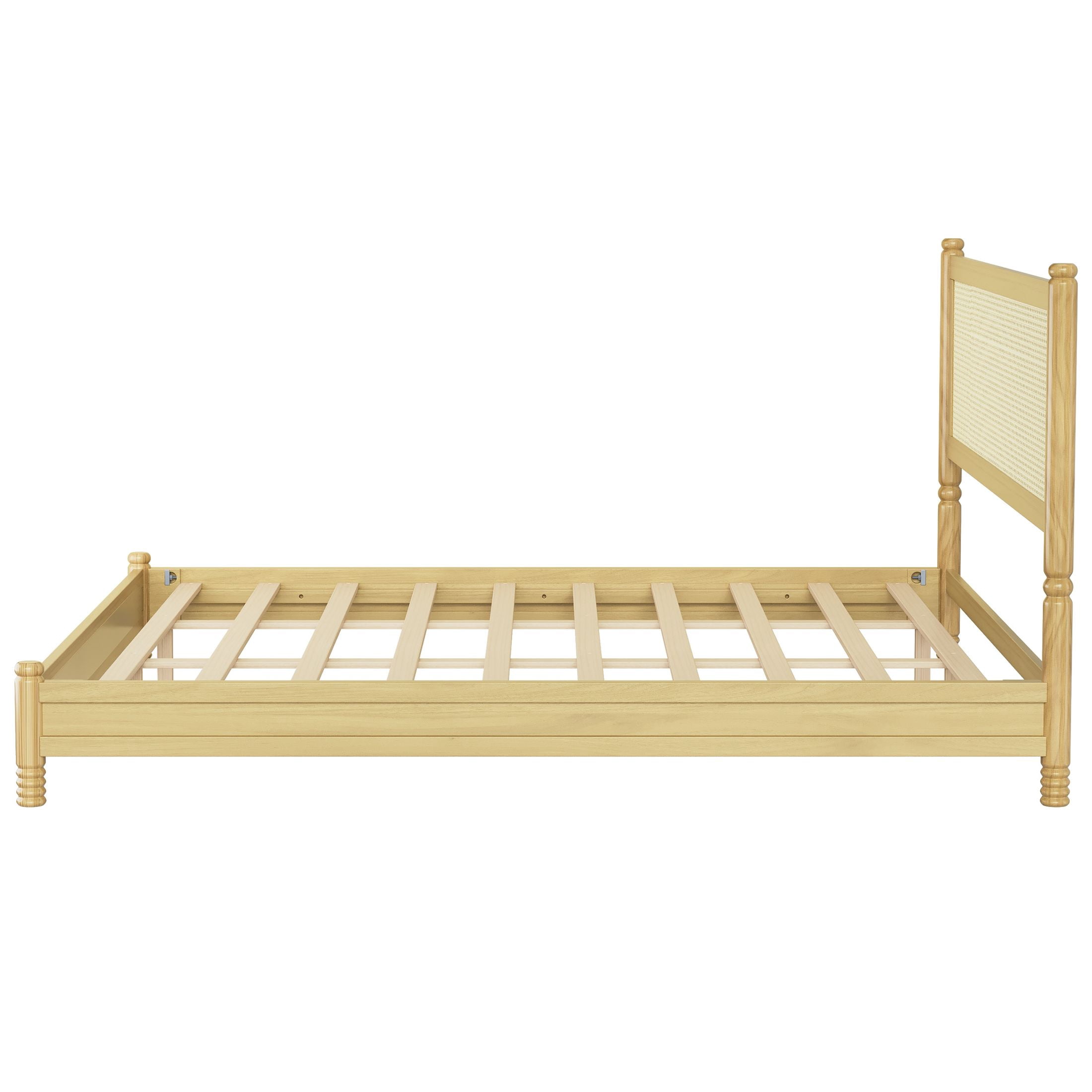 GDF Studio Annes King Size Boho Rattan Platform Bed Frame with Turned Legs, Woven Cane Pine Wood Bed Frame, Natural